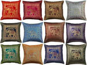 Silk Elephant Banarsi, Indian Ethnic Bohemian Decorative Cushion Cover – 40cm x40cm (16″x16″)